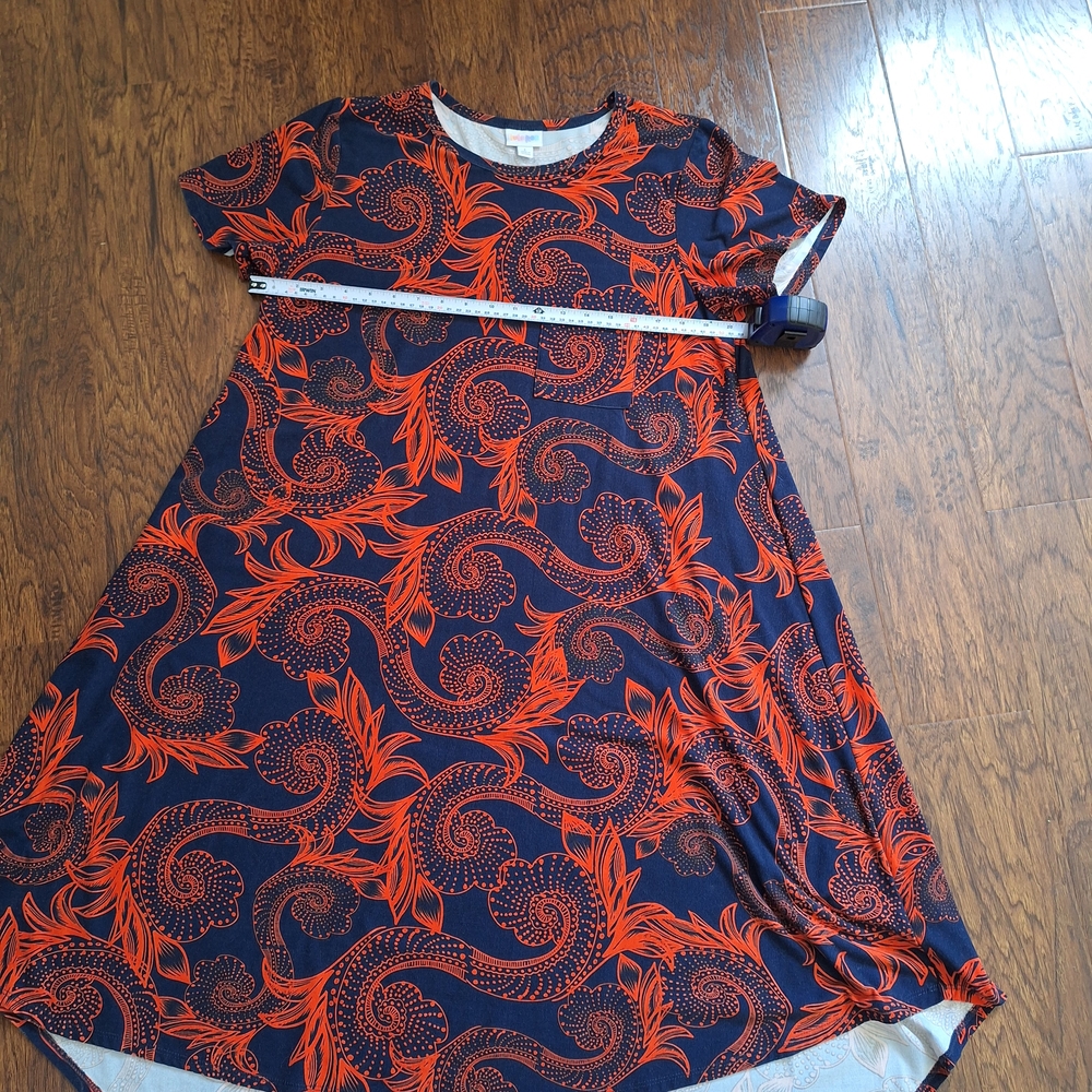 LuLaRoe Navy Tee Dress with Bright Orange Swirl Print - Picture 3 of 6